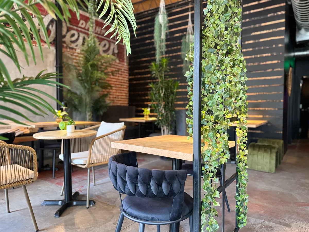 Seating area with greenery and vintage brick inside Mystic Lounge in Denver