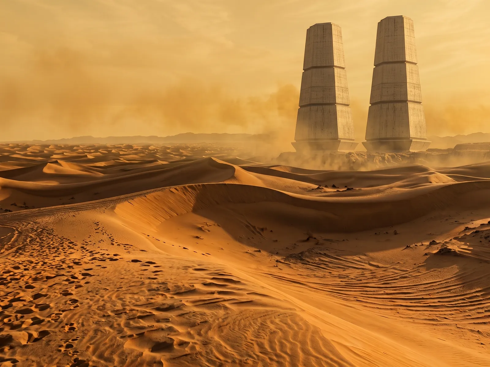 Two monolithic desert towers at dusk — The Prophecy of Dune escape room, coming soon to Denver