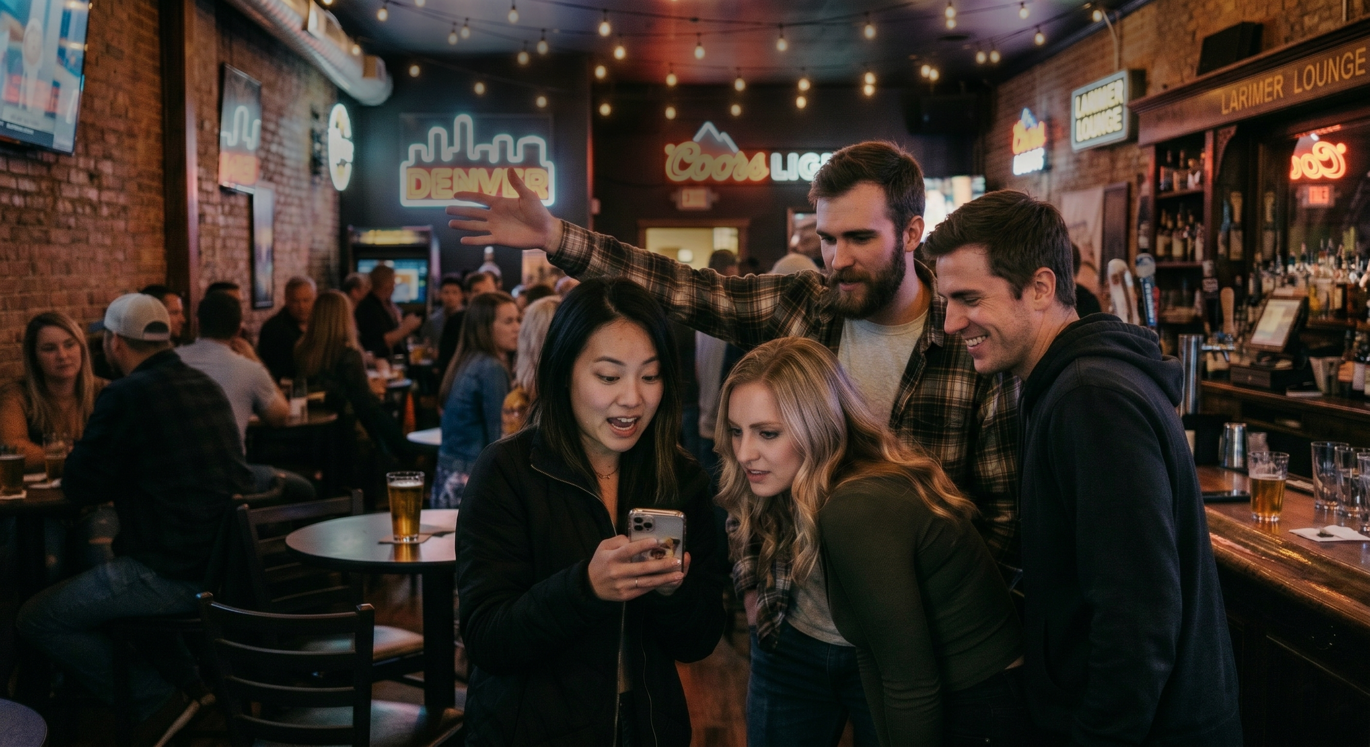 Four friends decoding a clue on a phone at a Denver bar