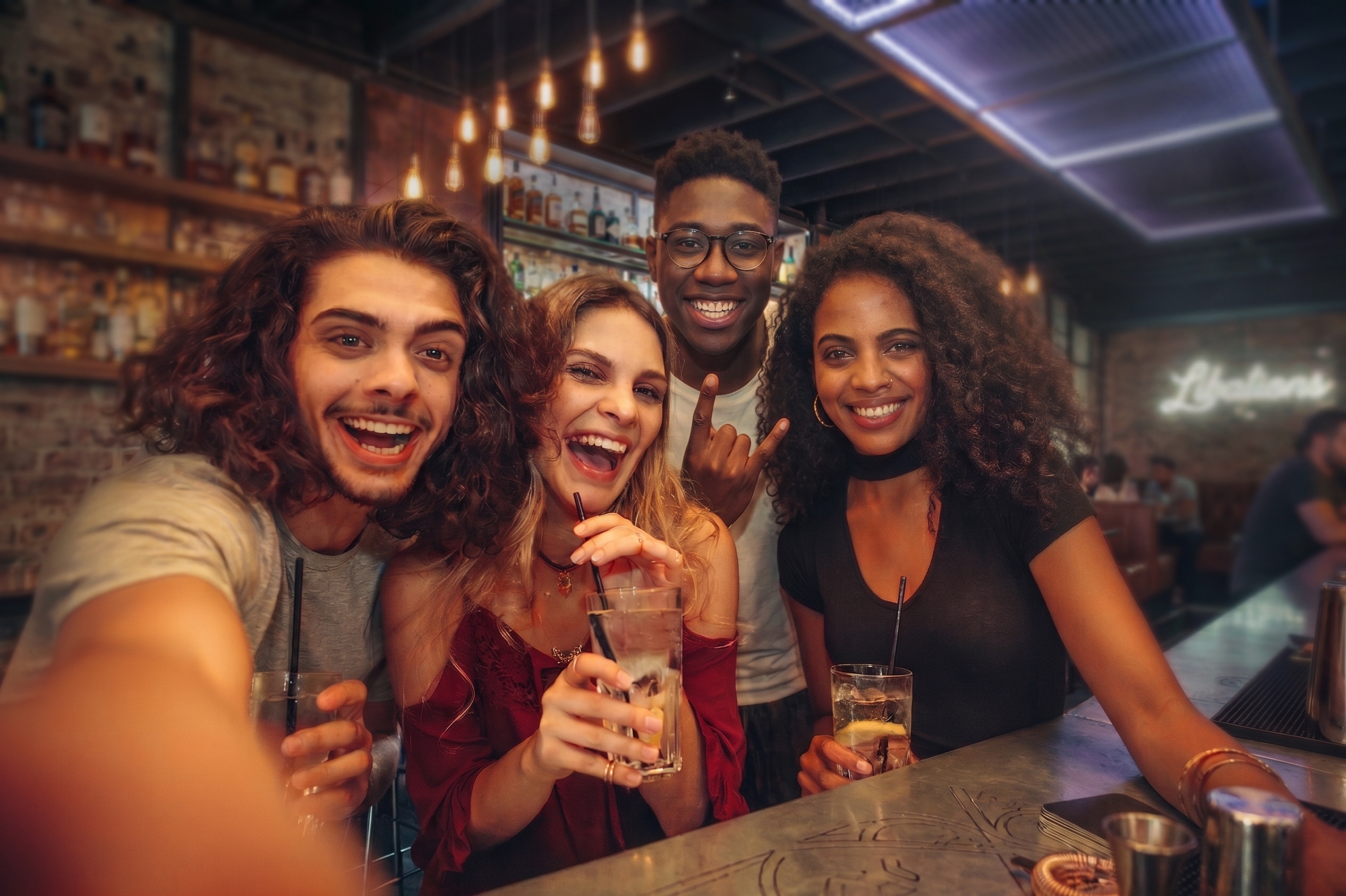Four friends raising drinks at a bar after solving a puzzle