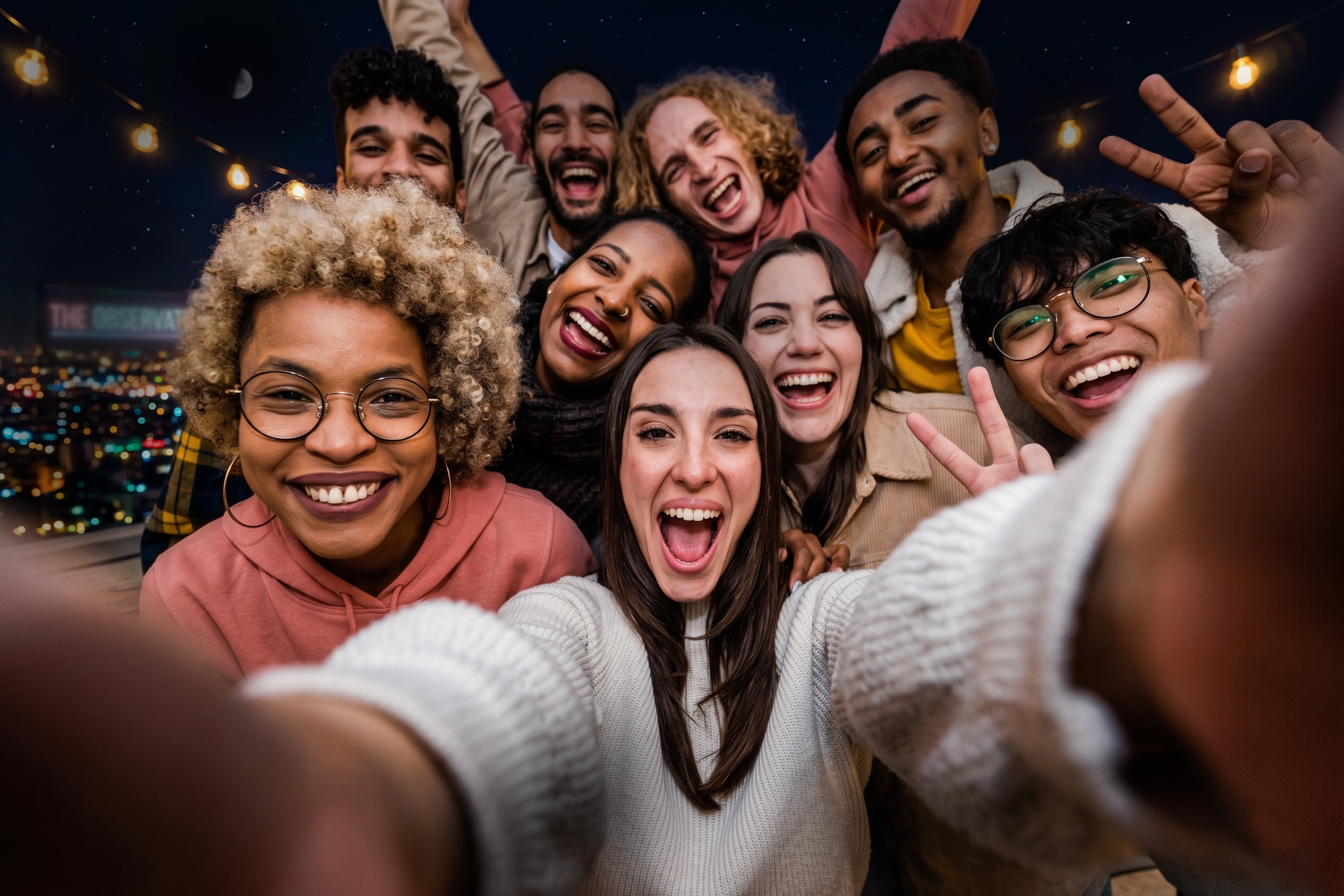 Group of friends laughing under string lights, Denver skyline behind them