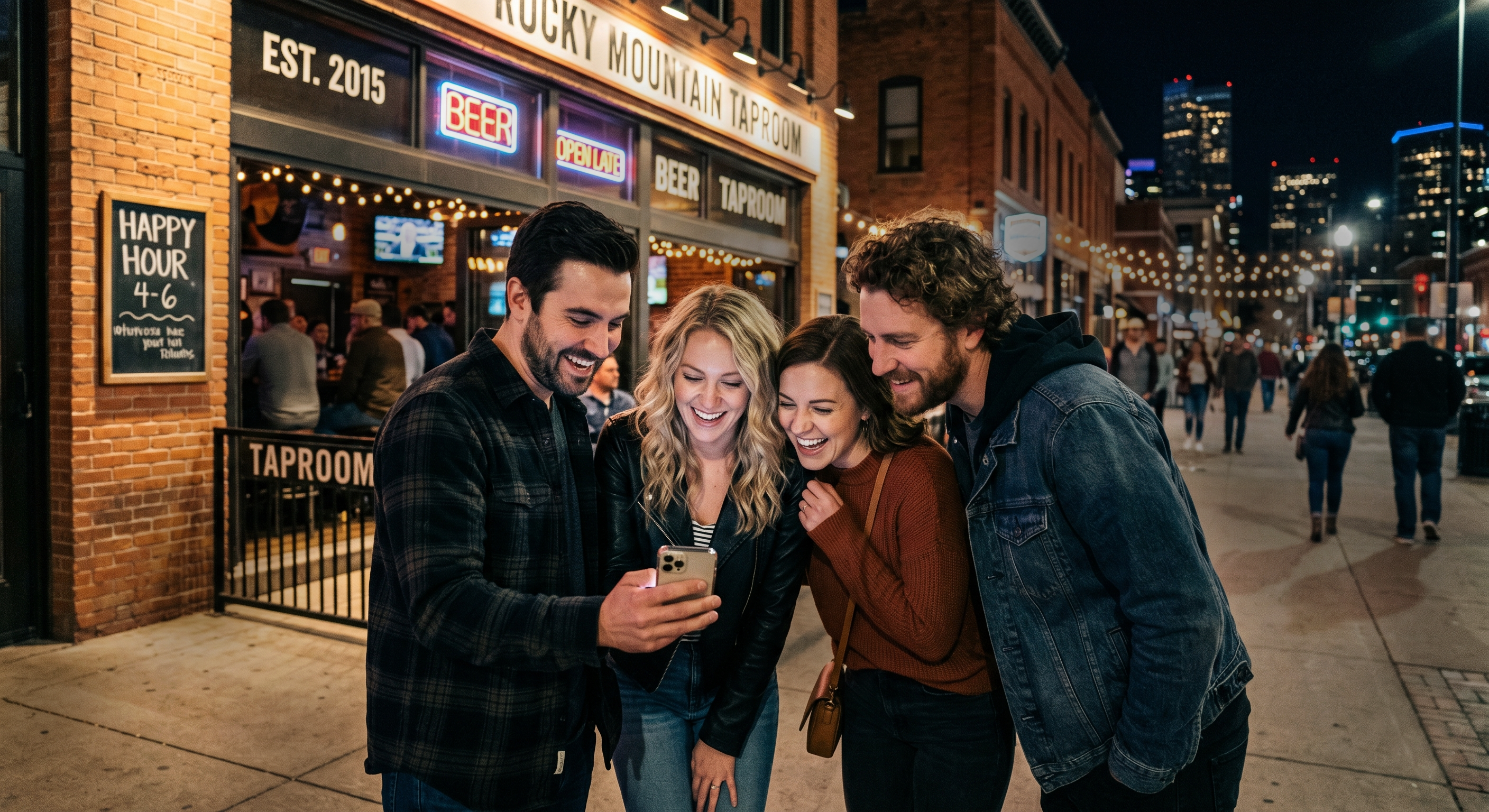 Players checking the app on the sidewalk outside a Denver taproom at night
