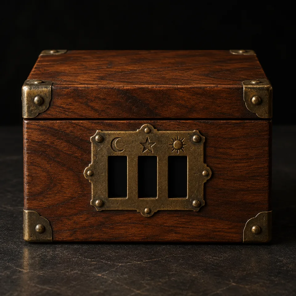 Photorealistic wooden puzzle box with an antique brass lock